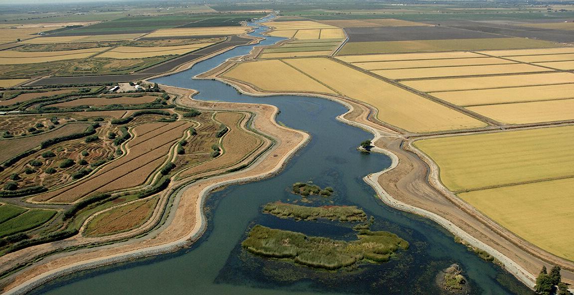 Aerial view of the delta conveyance section passing through agriculture fields 